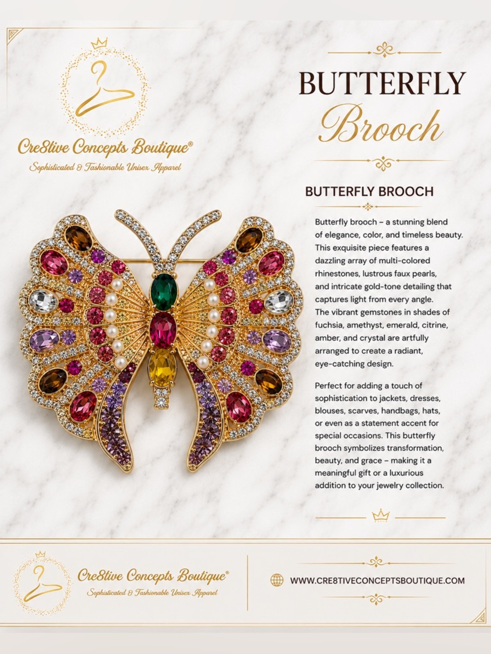 Vintage Style Rhinestone Butterfly Brooch | Gold Tone Pin